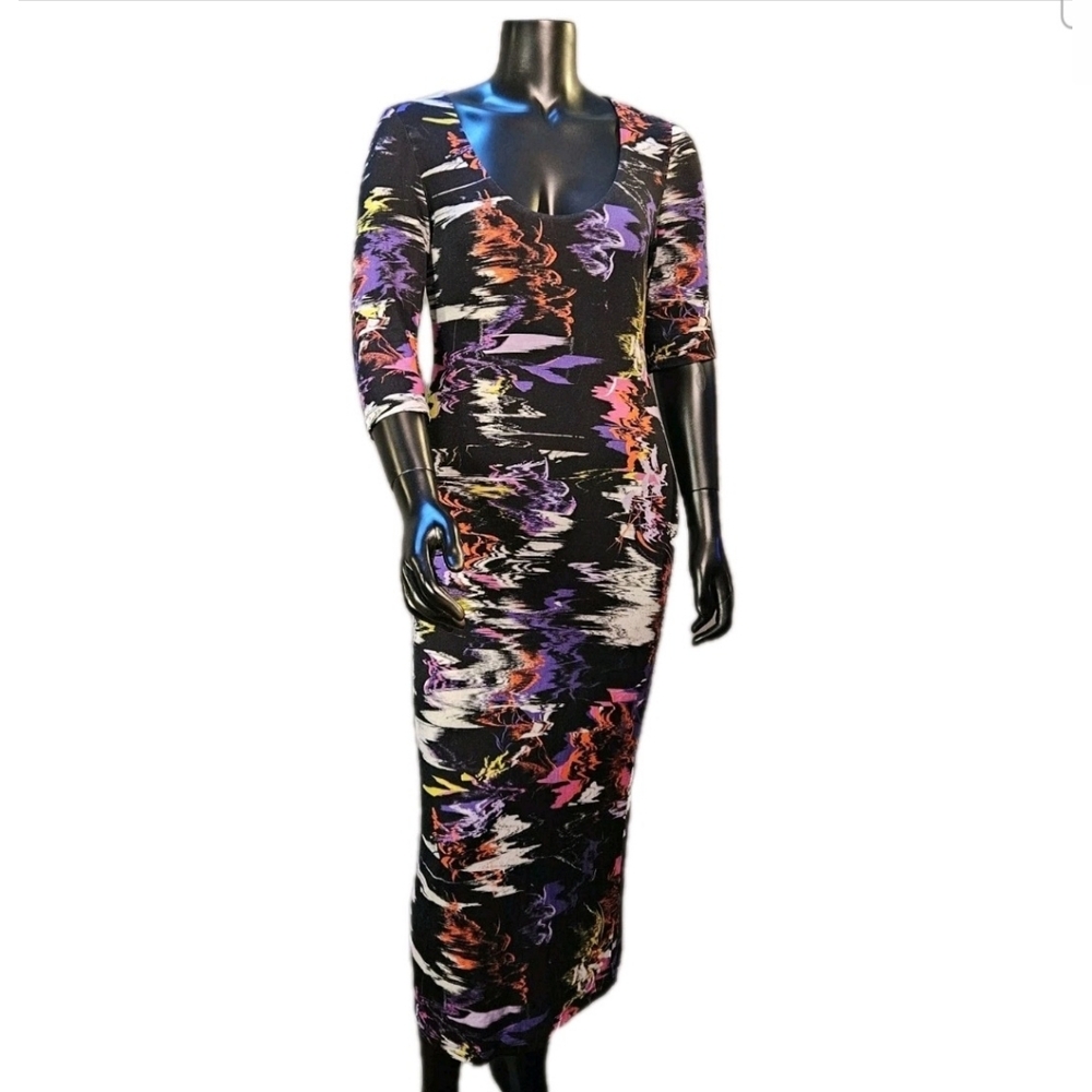 Alice + Olivia Delora Size 4 Multicolor Printed LS Fitted Scoop Neck Midi Dress